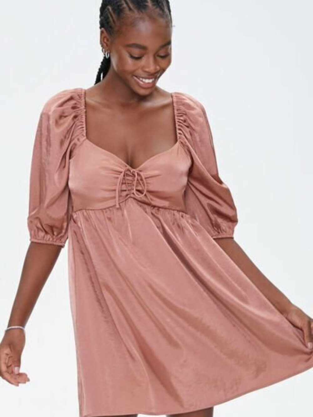Forever 21 Bronze Sweetheart Peasant-Sleeve Dress Small S